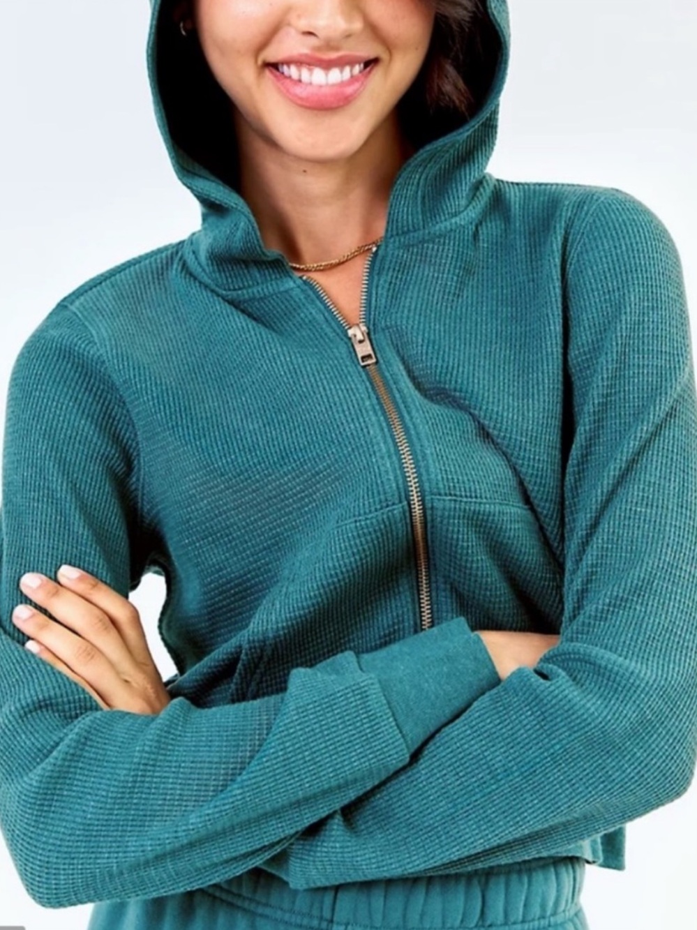 Aritzia TNA Waffle Knit Crop Hoodie Slate Teal Size M